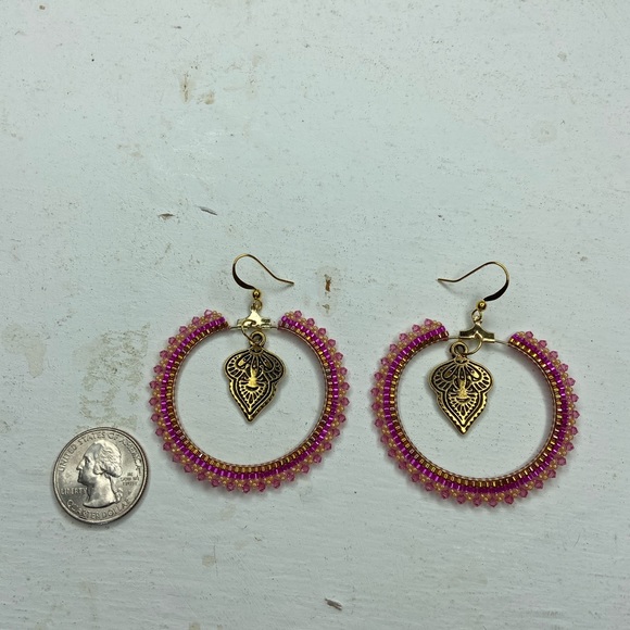 HANDMADE Hoop Beaded Boho Dangle Pink Earrings - Picture 7 of 7